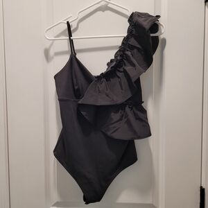 Express Black Ruffled Bodysuit Body Contour